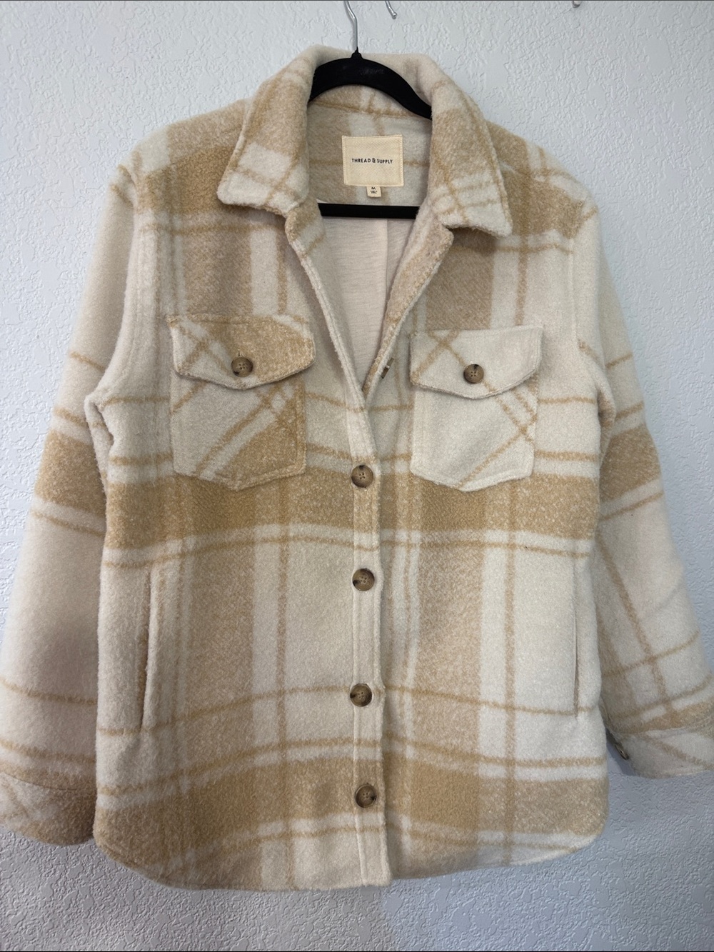 VICI- Cream and Tan Plaid Teddy Shacket size Medium